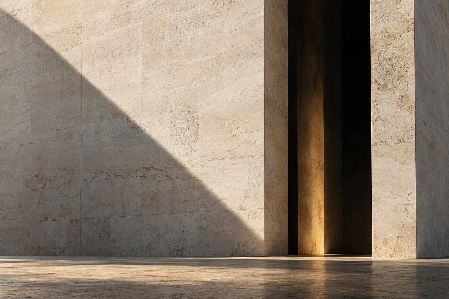 A monumental limestone wall with a narrow bronze-lit opening